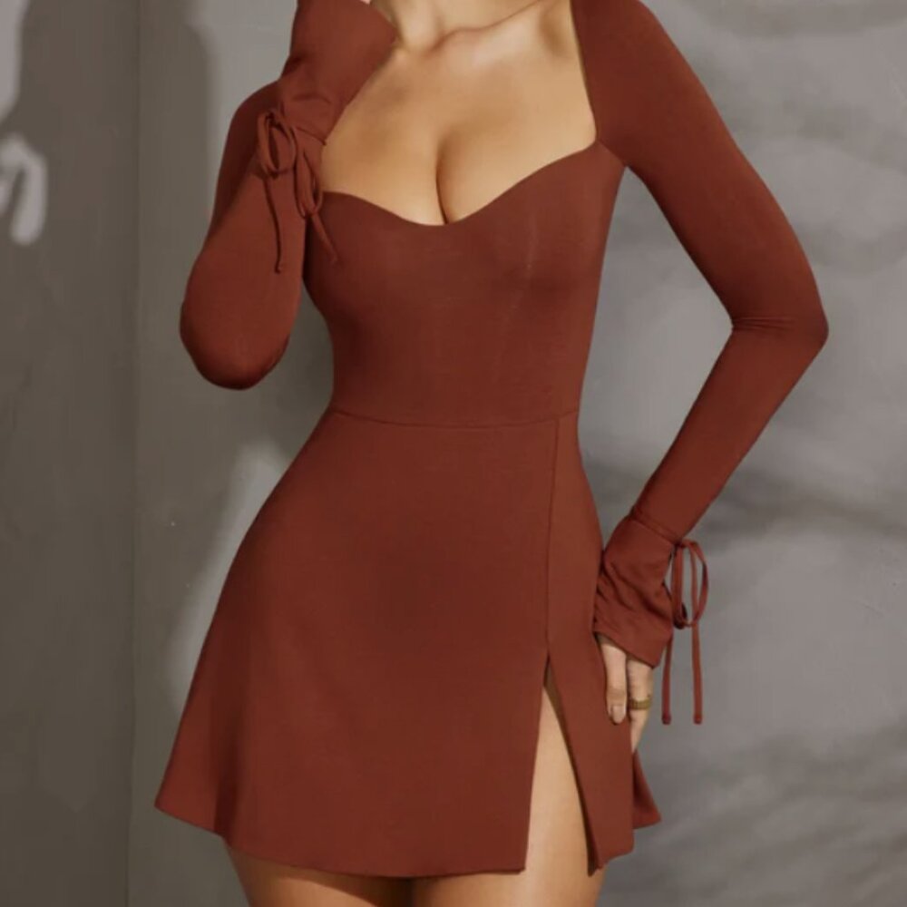 Oh Polly Long Sleeve A-Line Mini Dress in Brick (Small)